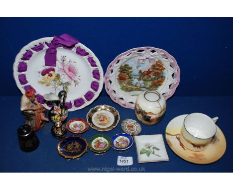 A small quantity of china including two ribbon plates, Limoges miniature plates, perfume bottle, pin tray, Royal Doulton Cup 