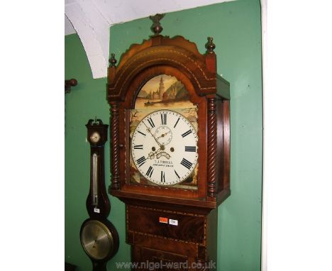 A pretty Victorian Mahogany Eight Day Longcase Clock, the hood having a dome top with central eagle motif finial, inlaid frie