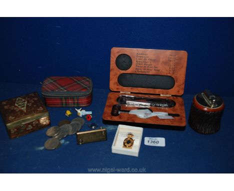 A cased Connoisseur set, brass and enamel box, Colibri table lighter, etc