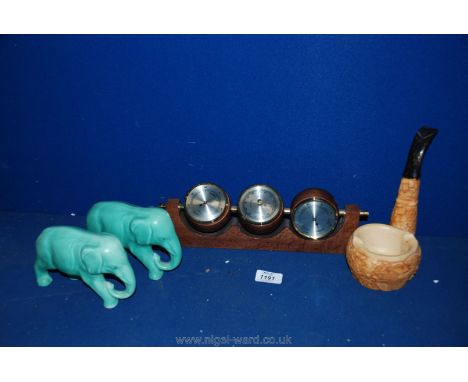 A Fischer Barometer, pair of ceramic elephants and a pipe ashtray