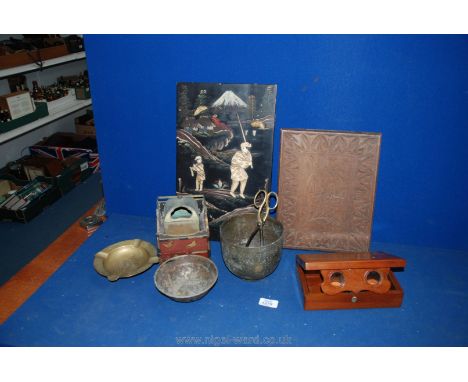 A quantity of miscellanea including Oriental plaque, wooden Viewer, oriental tea caddy, metal bowls, etc.