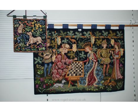 A small Tapestry depicting a dog and a rabbit amongst the flowers, 16" x 16"  together with a large Tapestry depicting a lady