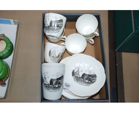 A quantity of Staffordshire china including six cups and saucers and five plates depicting Pembridge, Belfry and Church and a