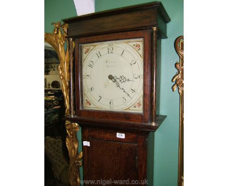 A Georgian Oak Longcase Clock, cornice to the hood over fixed turned columns flanking single pane square door, Arabic numeral