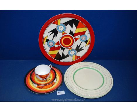 Two Newport Pottery Clarice Cliff dinner plates, a modern Wedgwood 'Genius Collection' after Clarice Cliff Trio and a Platter