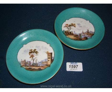 Two Meissen saucers, the porcelain 18th century, outside decorated with harbour scenes in the manner of Heroldt against a duc