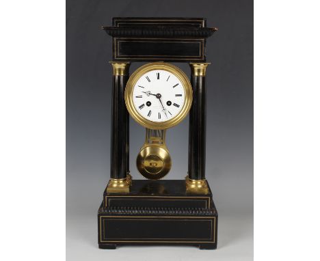 A late 19th century French gilt brass mounted ebonized portico mantel clock with eight day movement striking on a bell, the b