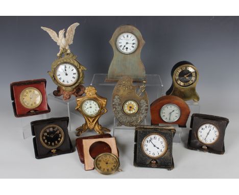A group of six assorted desk/mantel timepieces, including a Jaeger 'Petite Neuchateloise' alarm clock, height 12.5cm, an Art 