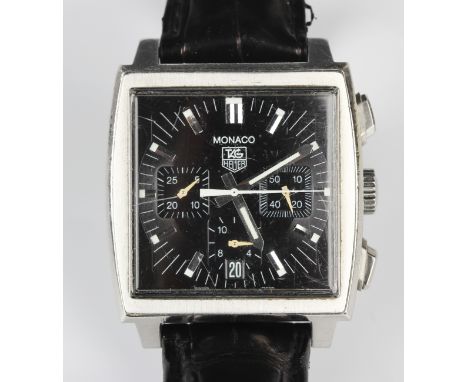 A Tag Heuer Monaco steel curved square cased gentleman's chronograph wristwatch, the signed black dial with baton hour makers