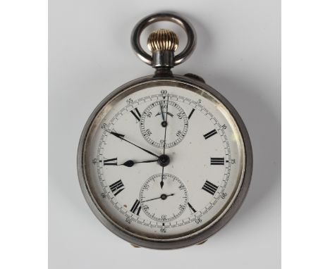 A silver cased keyless wind open-faced centre stop seconds sixty minute recording pocket watch with gilt lever movement, the 