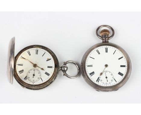 A silver hunting cased keywind gentleman's pocket watch, the unsigned enamelled dial with Roman hour numerals and subsidiary 