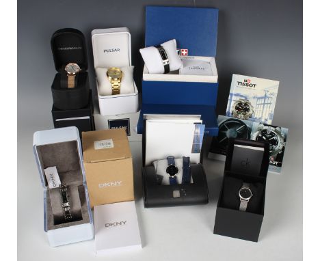 Two gentlemen's wristwatches, comprising Emporio Armani and Pulsar, with cases and boxes, and four ladies' wristwatches, comp