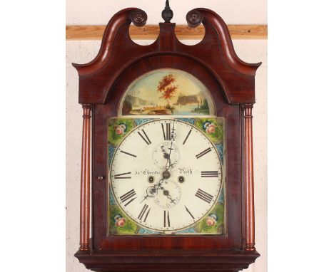 An early Victorian Scottish mahogany longcase clock with eight day movement striking on a bell, the 13-inch painted break arc