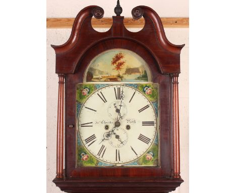 An early Victorian Scottish mahogany longcase clock with eight day movement striking on a bell, the 13-inch painted break arc