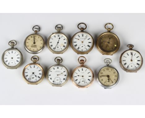 A gilt metal cased keyless wind open-faced gentleman's pocket watch, the enamel dial with black Roman numerals and subsidiary