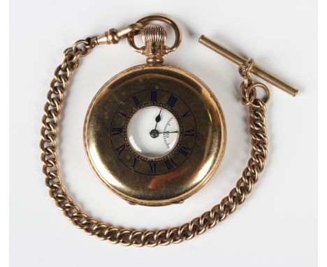 A Rolex 9ct gold half hunting cased keyless wind gentleman's pocket watch with signed jewelled lever movement, 9ct gold inner