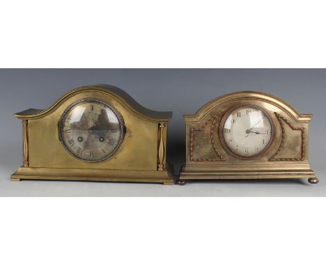 A group of six mantel clocks and timepieces, including three early 20th century mahogany timepieces and a brass cased mantel 