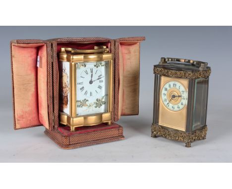 A late 19th century/early 20th century and later gilt brass carriage timepiece, the enamelled dial with black Roman hour nume
