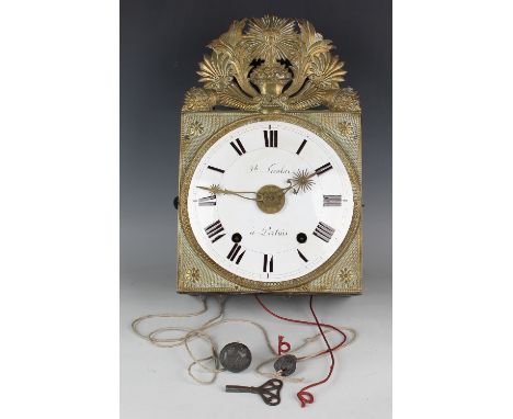 A late 19th century comtoise or morbier wall alarm clock, the eight day movement with verge escapement striking on a bell, th