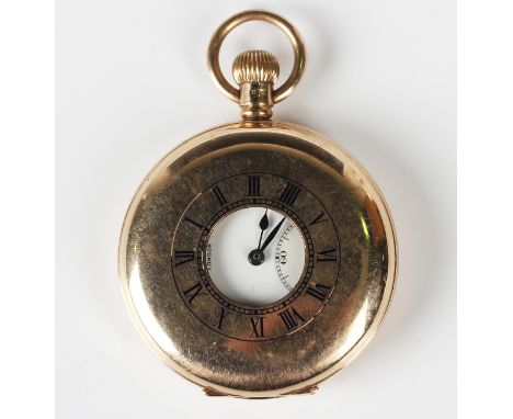 A George V 9ct gold half hunting cased keyless wind gentleman's pocket watch, the jewelled movement detailed 'J.W. Benson Lon