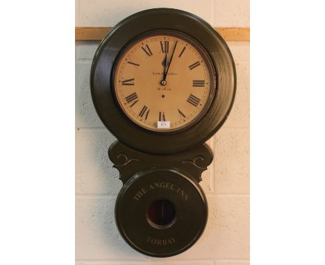 A 20th century green painted tavern style wall clock with printed dial within a circular surround, the circular hinged lentic