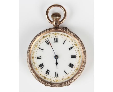 A 9ct gold keyless wind open-faced lady's fob watch, the movement detailed 'Swiss Made', gilt metal inner case, the enamelled