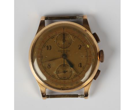 A gold cased Chronographe Suisse gentleman's wristwatch, the dial with Arabic numerals, two subsidiary dials, centre stop sec