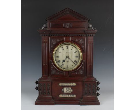 A late Victorian mahogany Post Office bracket clock calendar timepiece with eight day twin fusee movement, the silvered circu