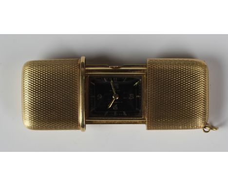 A Movado Ermeto 18ct gold rectangular cased travelling purse watch, the signed rectangular black dial with gilt Arabic numera