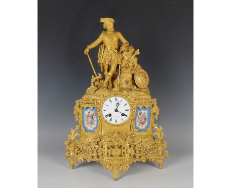 A late 19th century French ormolu mantel clock with eight day movement striking on a bell, the backplate stamped 'Mottu Frere