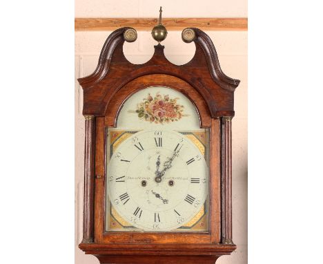 A George III Scottish oak longcase clock with eight day movement striking on a bell, the painted breakarch dial with subsidia