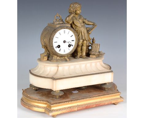 A late 19th century French gilt spelter and alabaster mantel clock with eight day movement striking on a bell, the circular e