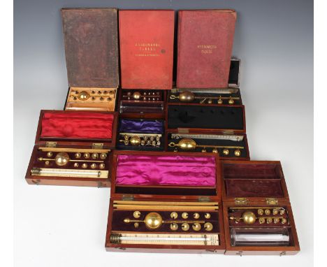 A collection of scientific instruments, including six Sikes hydrometers, cased, two Bates saccharometers, cased, a field micr