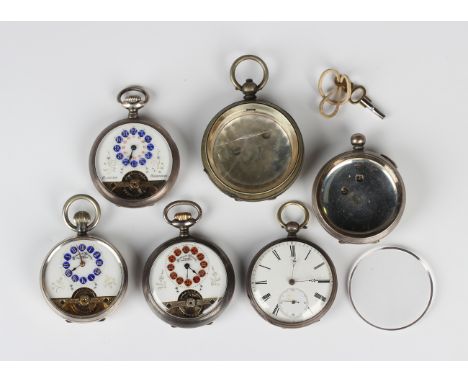 Three silver cased keyless wind open-faced gentleman's pocket watches, each enamelled dial with Roman or Arabic numerals and 