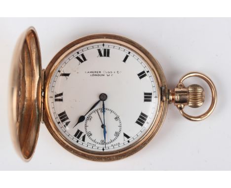 A 9ct gold hunting cased keyless wind gentleman's pocket watch with unsigned jewelled lever movement, the 9ct gold inner case