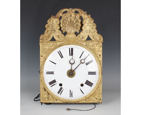 A late 19th century French comtoise or morbier wall alarm clock, the eight day movement striking on a bell, the circular enam