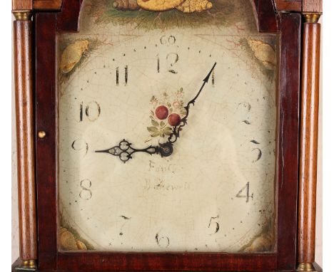 An early 19th century oak longcase clock with thirty hour movement striking on a bell, the 13-inch painted breakarch dial ins