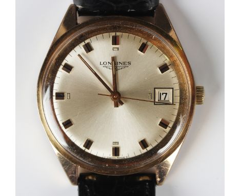A Longines steel and gilt metal cased gentleman's wristwatch, the signed silvered dial with baton hour markers, date aperture