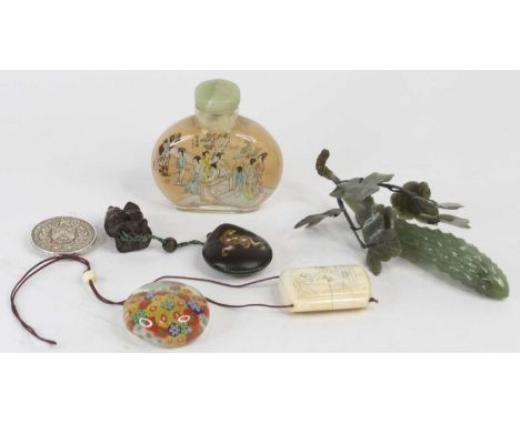 A collection of Asian items, to include a Chinese glass scent bottle, carved Japanese netsuke etc 