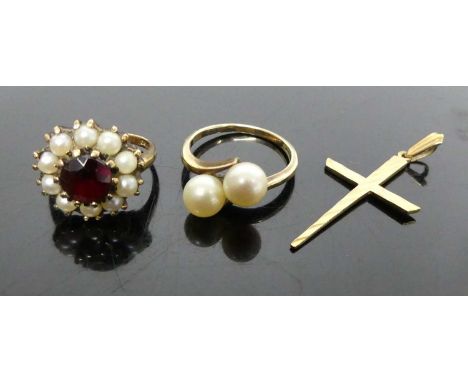 A 9ct gold, garnet and cultured pearl set flower head cluster ring, sponsor G&amp;TJ, size M; together with a 9ct gold cultur