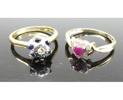 A Victorian style 9ct gold, ruby and diamond point set heart shaped setting dress ring, size L; together with an 18ct gold, s