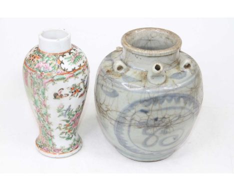 A Chinese Canton porcelain vase, of baluster form, enamel decorated with birds, h.19cm; together with a Chinese blue and whit