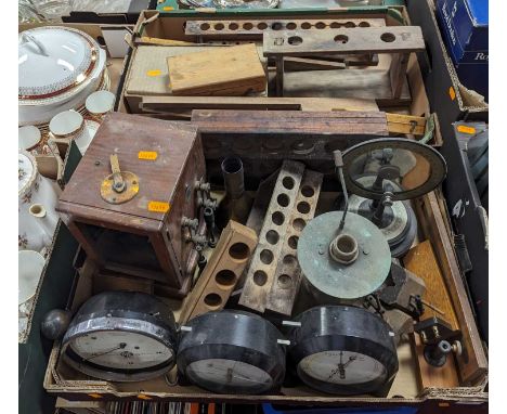 Two boxes of vintage dials and measuring equipment etc 