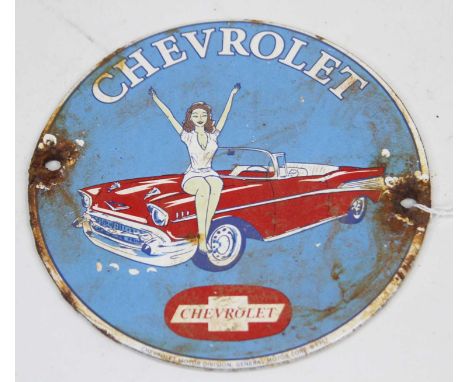 A circular enamel on metal advertising sign for Chevrolet Cars, dia. 15cm