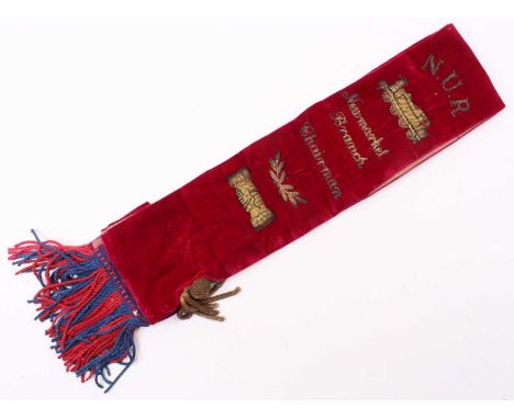 A National Union of Railwaymen Newmarket branch chairman sash decorated to read NUR with 2-6-0 locomotive stitching reading N