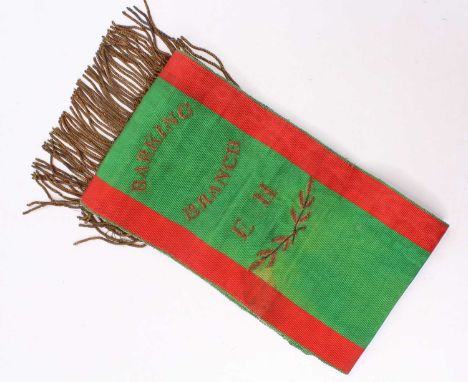 An AS Railway Servants of EIS &amp; W Barking Branch National Union of Railwaymen sash finished in red and green, with gold m