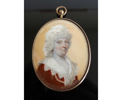 19th century English school - Bust portrait of a middle-aged woman, miniature on ivory, 6.5 x 5.3cm, in gilt metal mountIvory