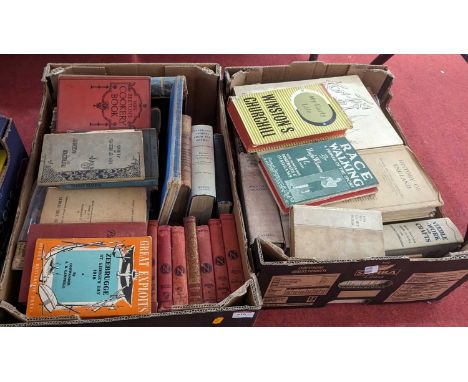 Two boxes of vintage books, to include Churchill, Mrs Beeton, and Trevelyan 