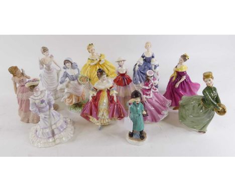 A collection of Royal Doulton, Wedgwood and Worcester pottery figures of ladies, largest h.22cm 