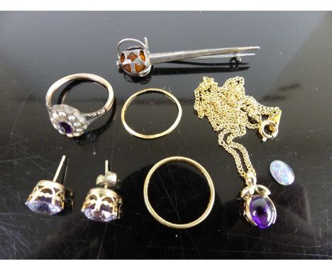 Mixed lot to include yellow metal, amethyst and seed pearl set dress ring, 22ct gold band ring weighing 1.3g, one other light